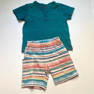 Tea Collection Teal Blue Henley Short Sleeve Shirt Stripe Shorts Outfit